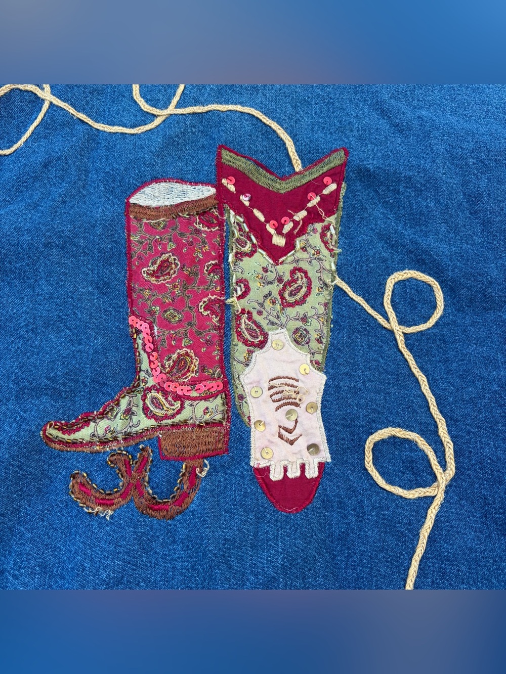 SOLD Vintage Tantrums Cowgirl Patchwork Denim Jacket Sequin Beaded Western - Picture 5 of 7